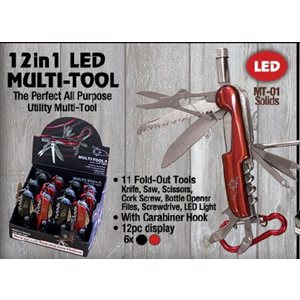 12-1 Multi-Tool with LED light, 6 blk, 6 red per 12 ct. dsp
